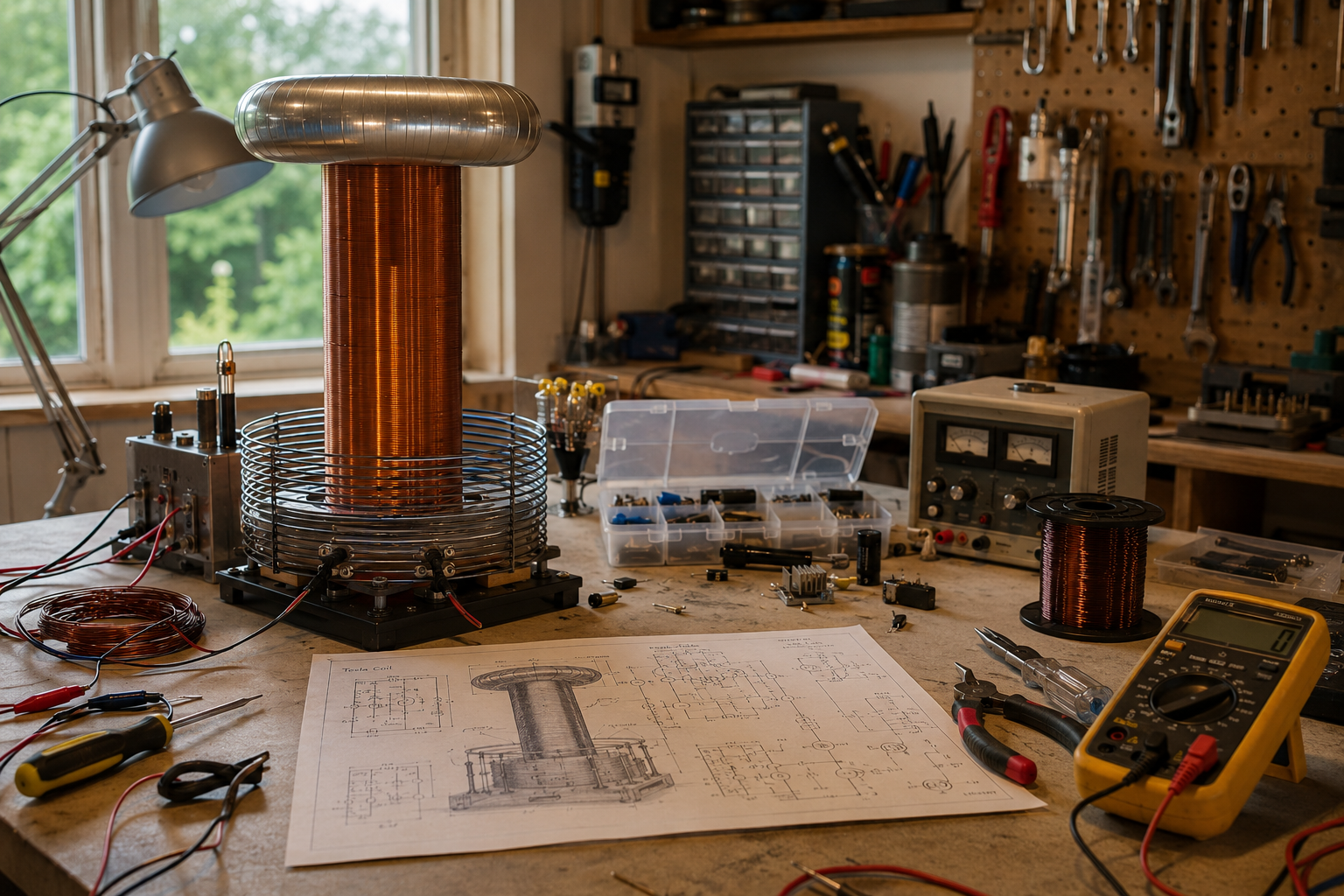 Home workshop with coils tools wires and electronics