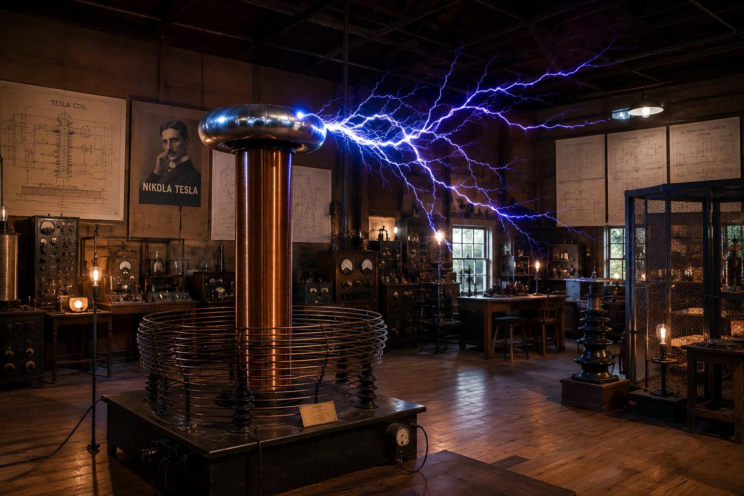 Tesla coil laboratory with electrical arcs